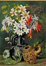 Chilian Lilies and other Flowers in Black Jug and ornamented Gourd for Mate