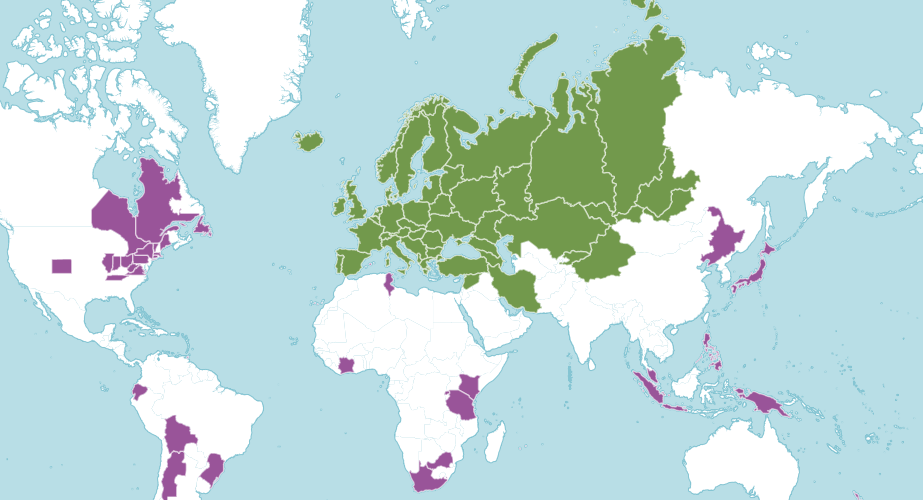 Map of the world showing where wild strawberry is native and introduced to