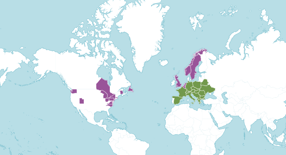 Map of the world showing where snowdrops are native and introduced to