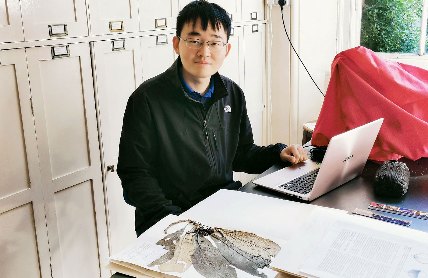 Student in the Herbarium with a laptop and herbarium specimen