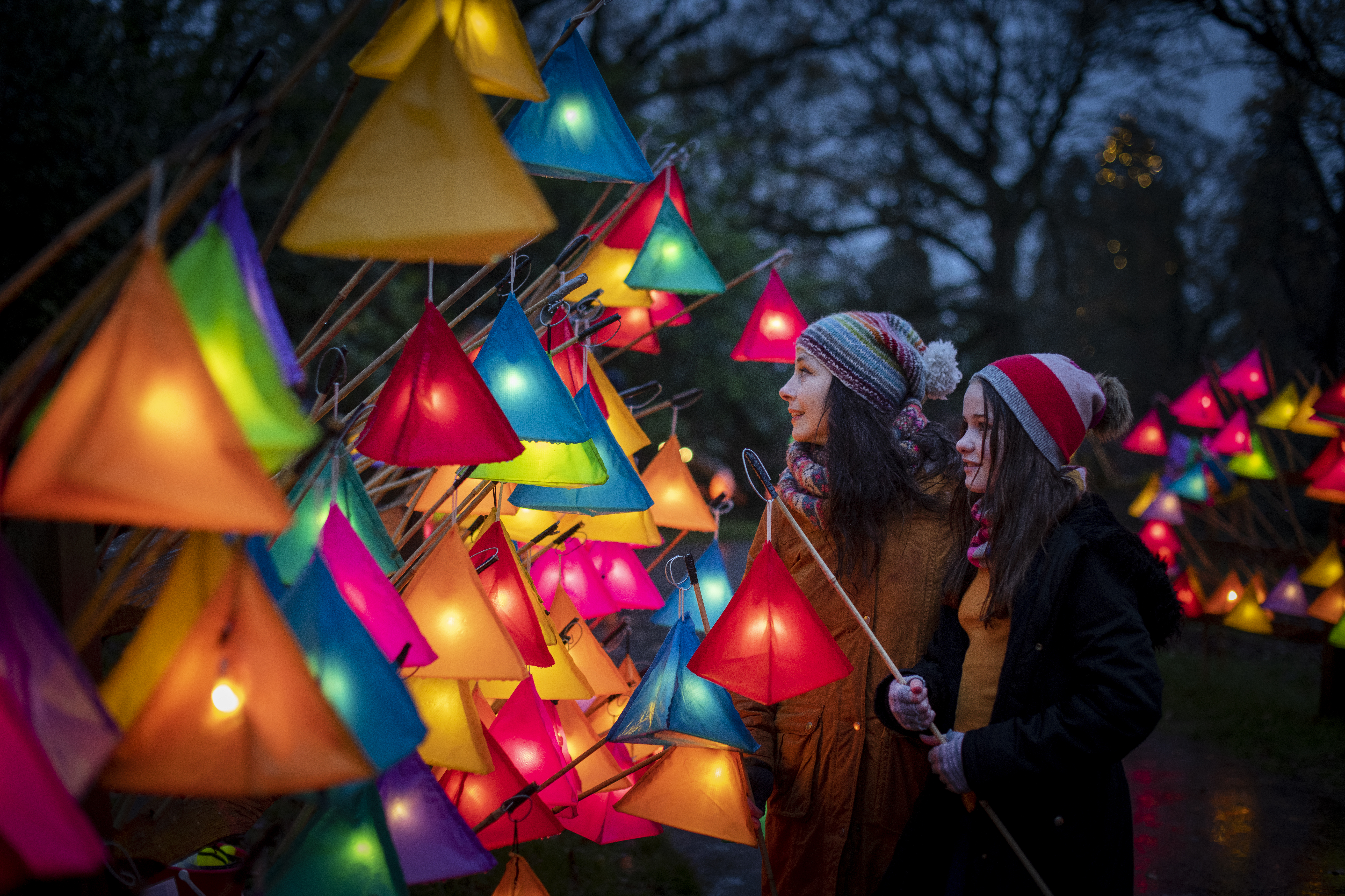 People looking at colourful lanterns at Glow Wild