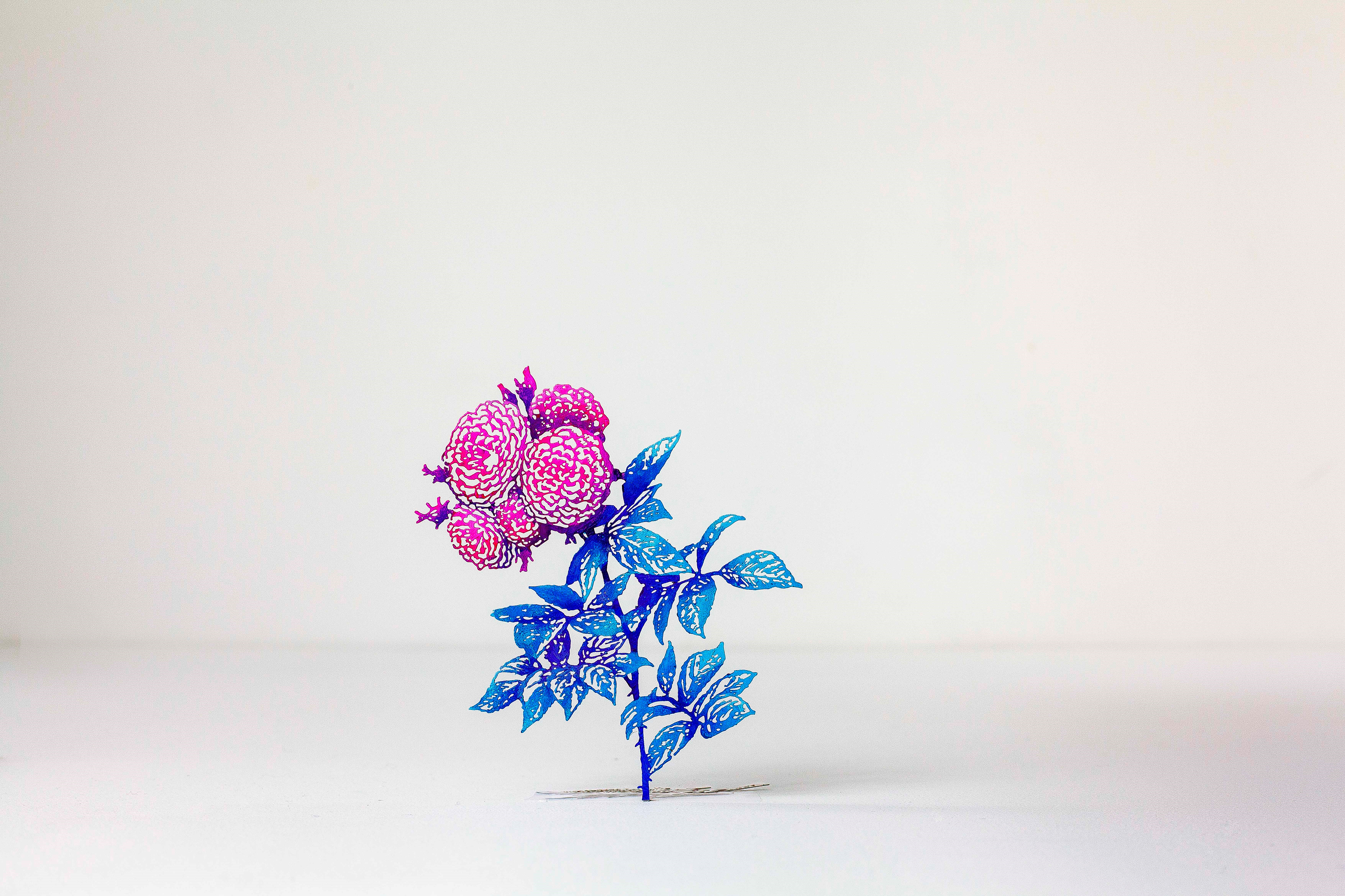 Etched, single flower, hand-painted fluorescent pink and blue