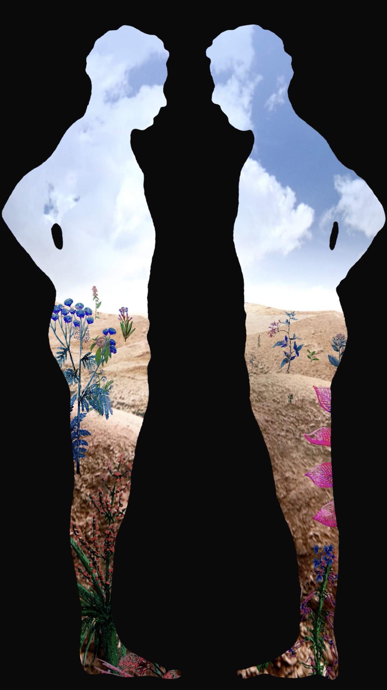 A pair of human silhouettes face each other in front of thriving land