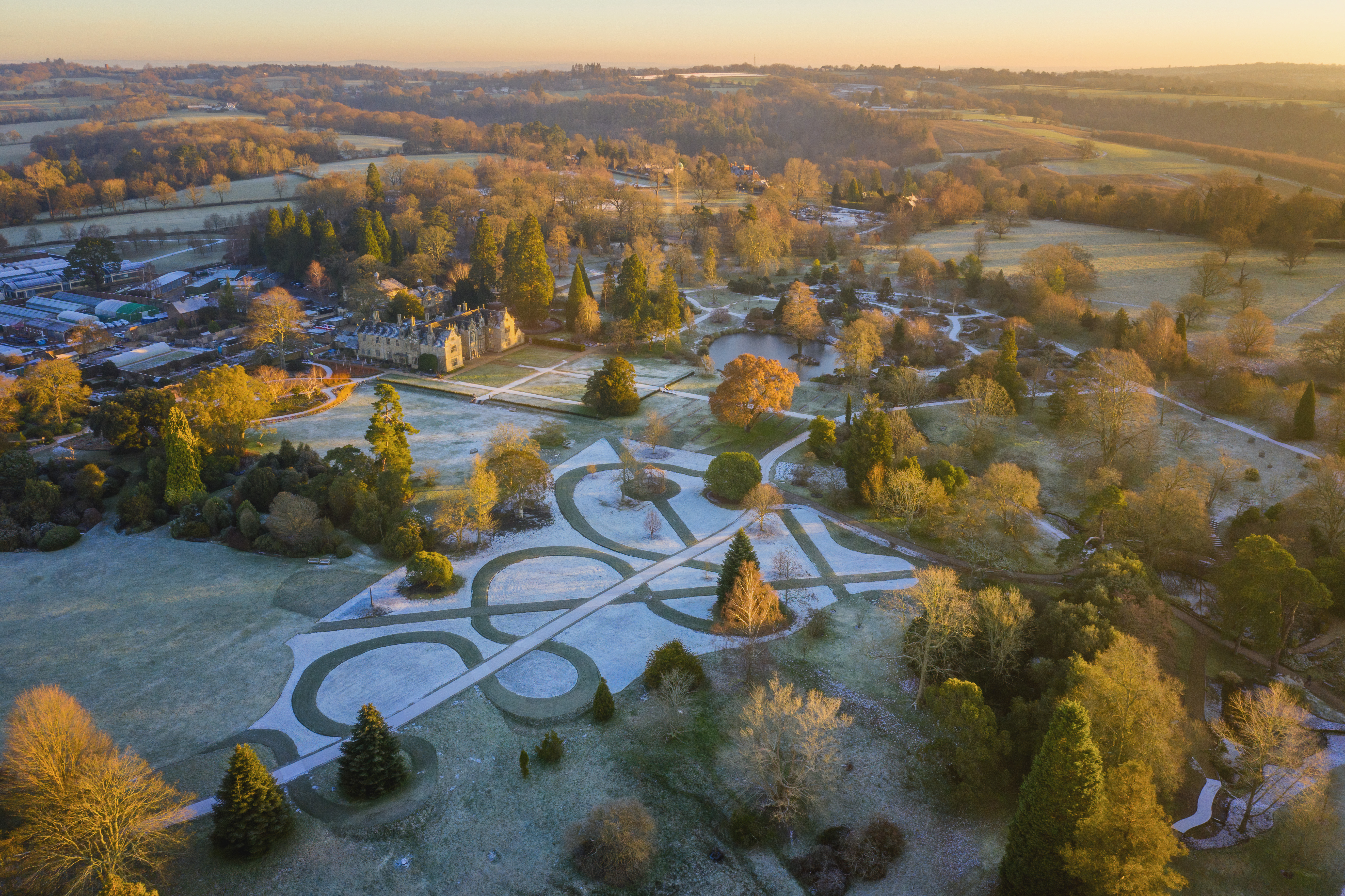 An aerial shot of the American Prairie and Mansion at Wakehurst