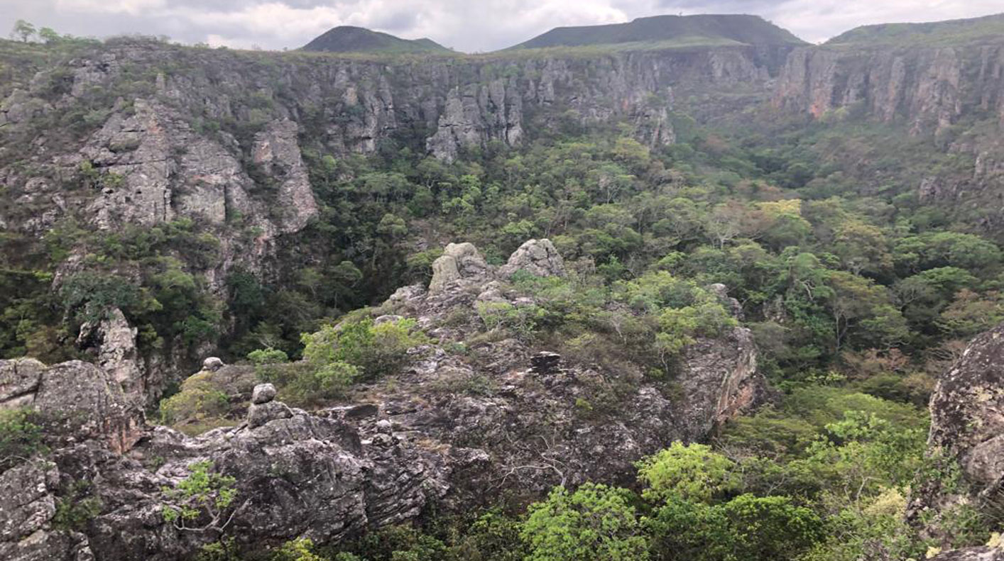 The rocky lowland mountains of Serranía de Chiquitos. Small rocky cliffs overlook shrubs