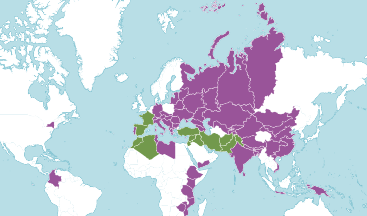 A map of the world showing where lentil is native and introduced to