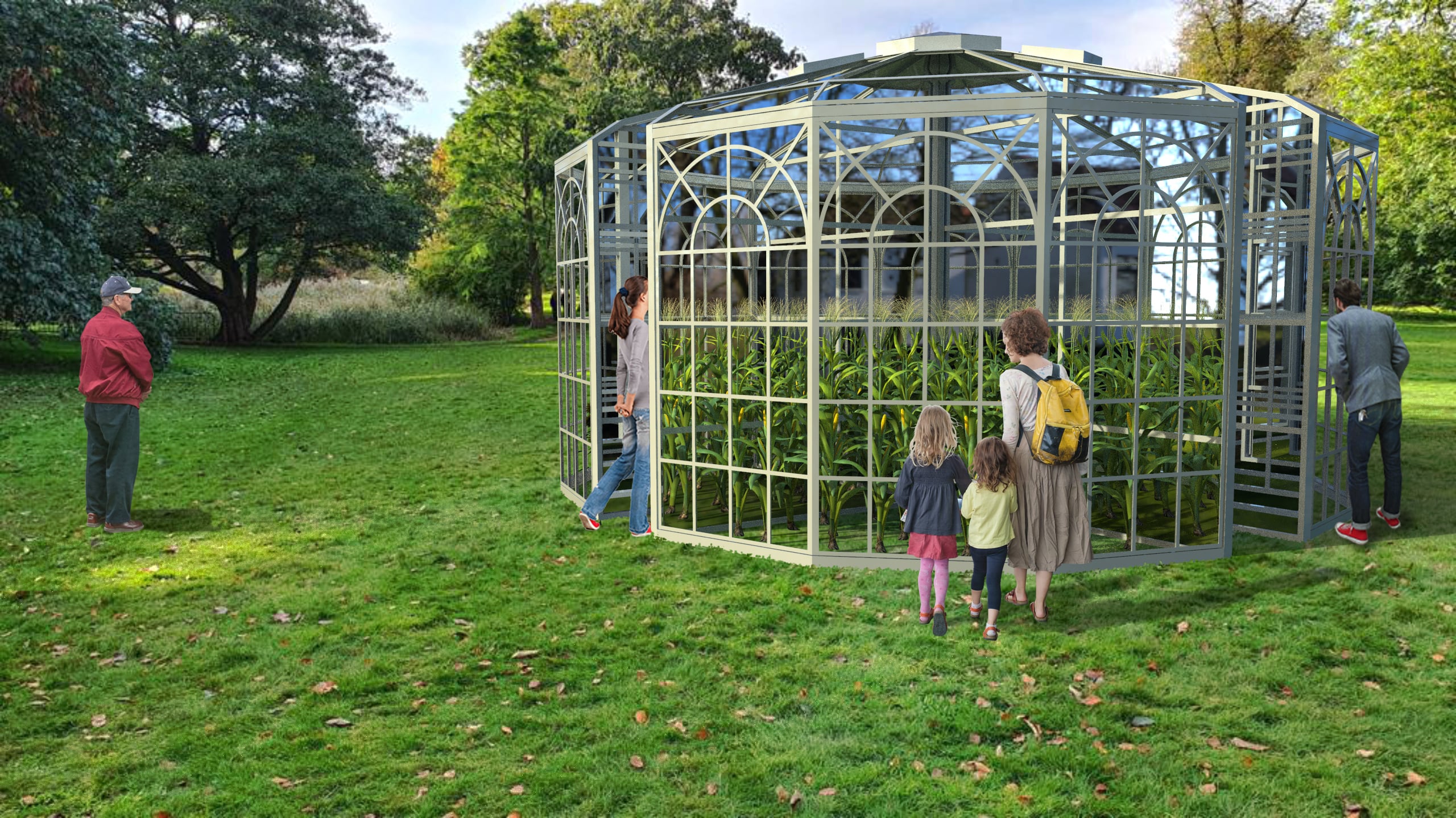 Glass structure with a monoculture inside and viewers outside