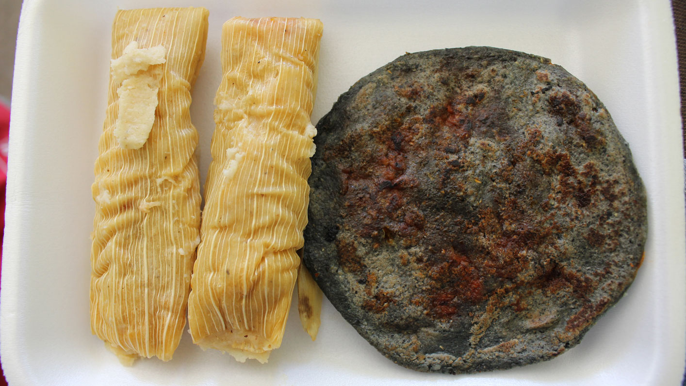Two yellow tamales and a grey gordita on a white plate