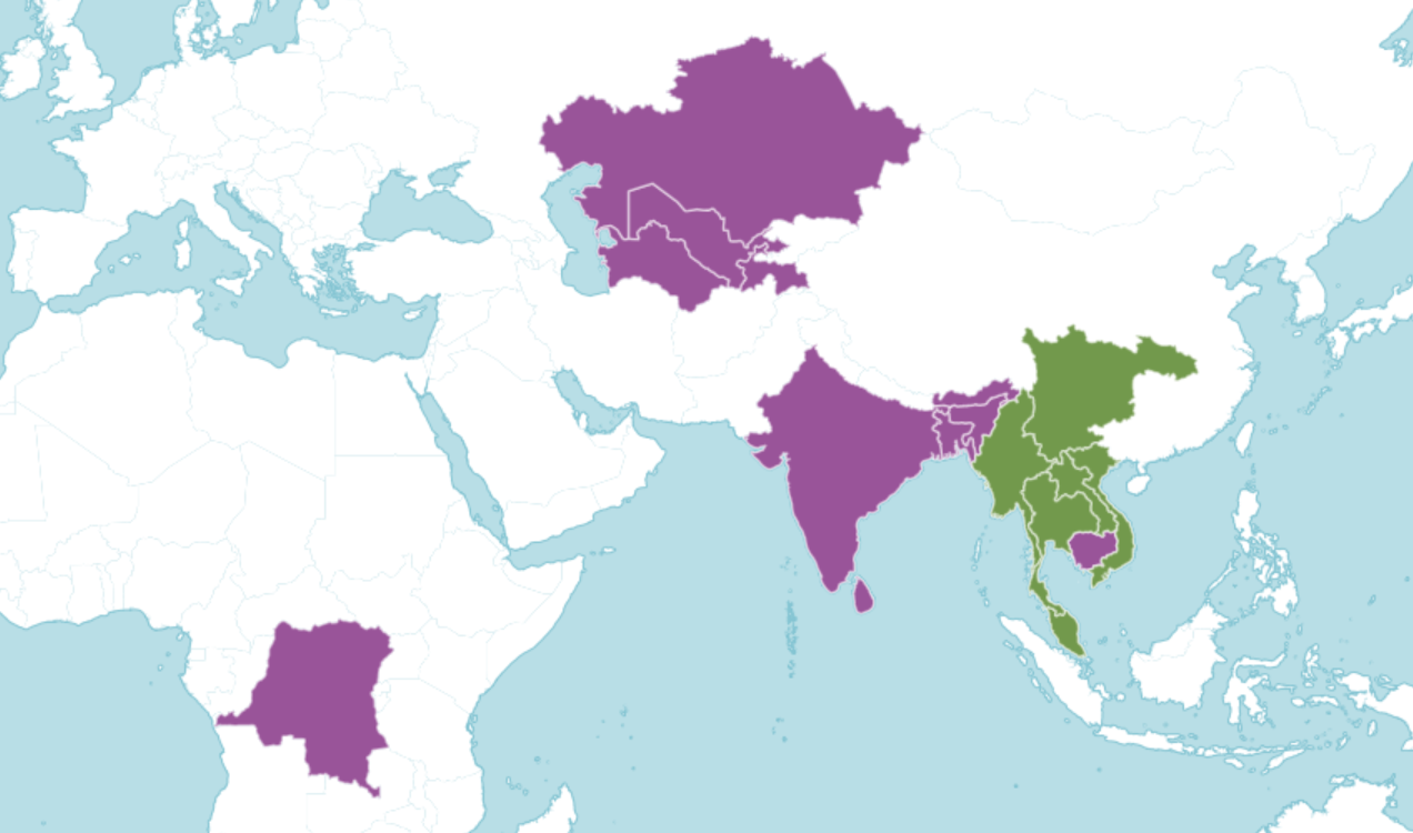 A map of the world showing where aubergine is native and introduced to