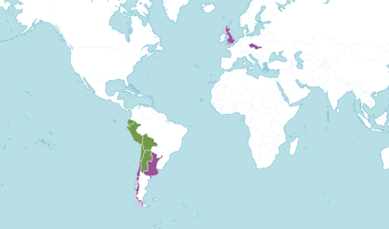 A map of the world showing where quinoa is native and introduced to