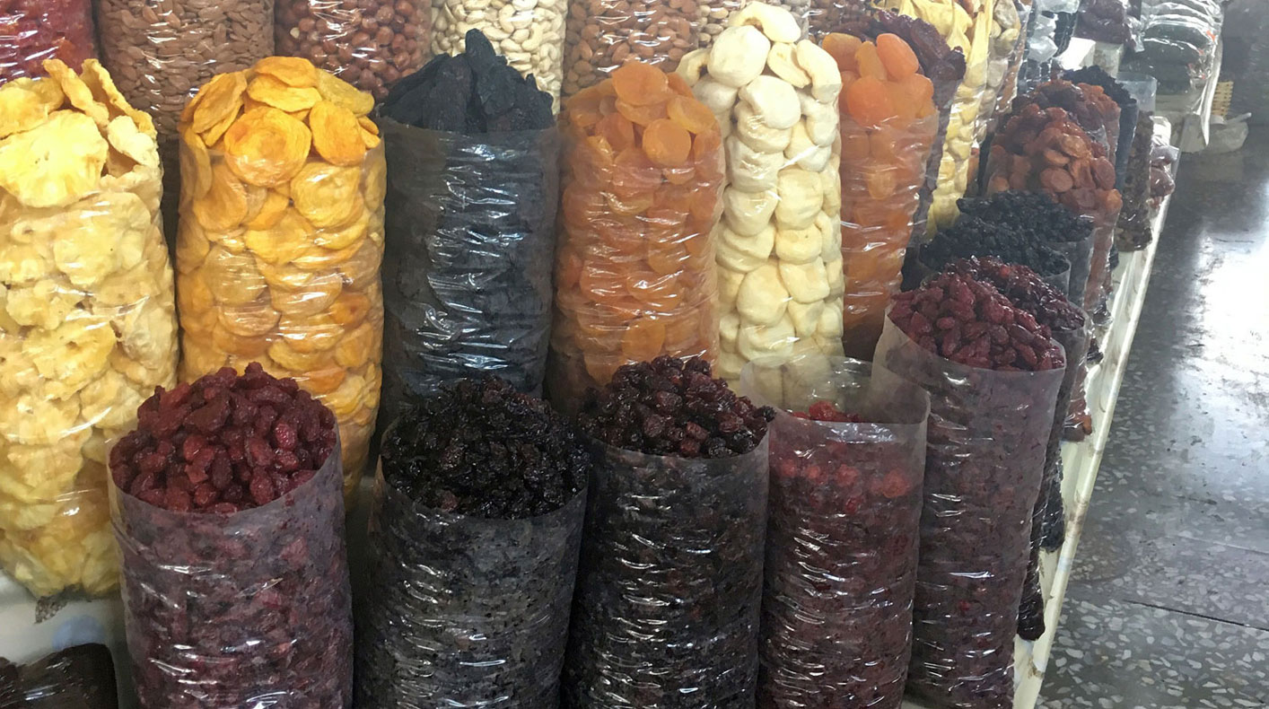 Bags of colourful dried fruits, such as apricots, in Armenia