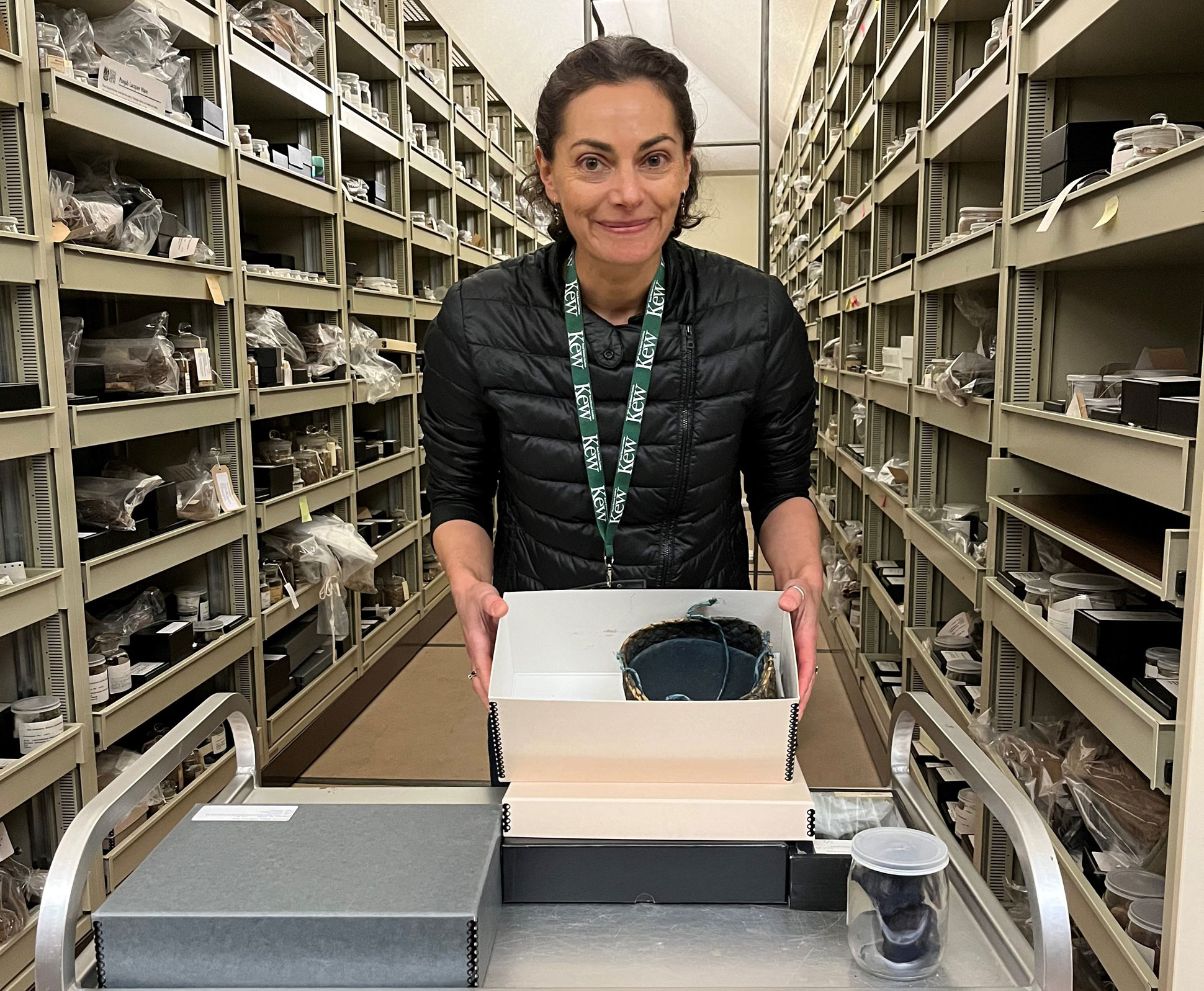 Vivi Mellegard in Kew's Economic Botany Collection. Long shelves are either side. Vivi is stood in front of a trolley holding a white box that holds a black round bow-like object