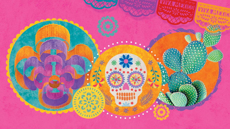 A colourful illustrated banner showing a Mexican style skull