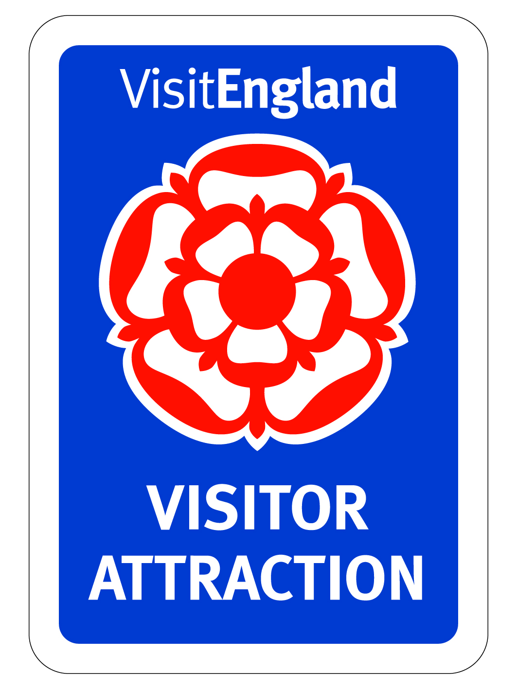 A blue sign with a red and white illustrated rose
