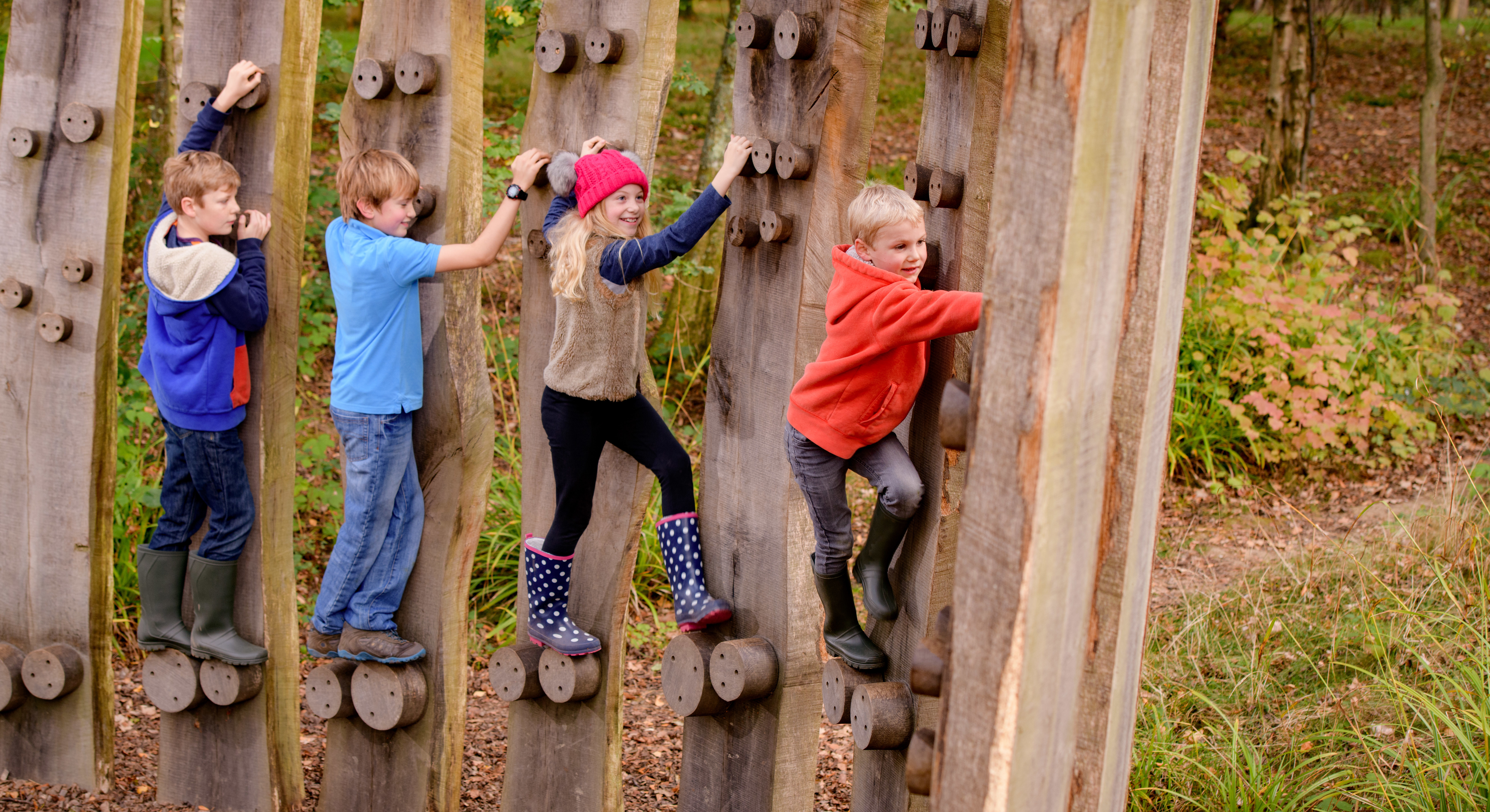 Children climbing in a woodland playground at Wakehurst