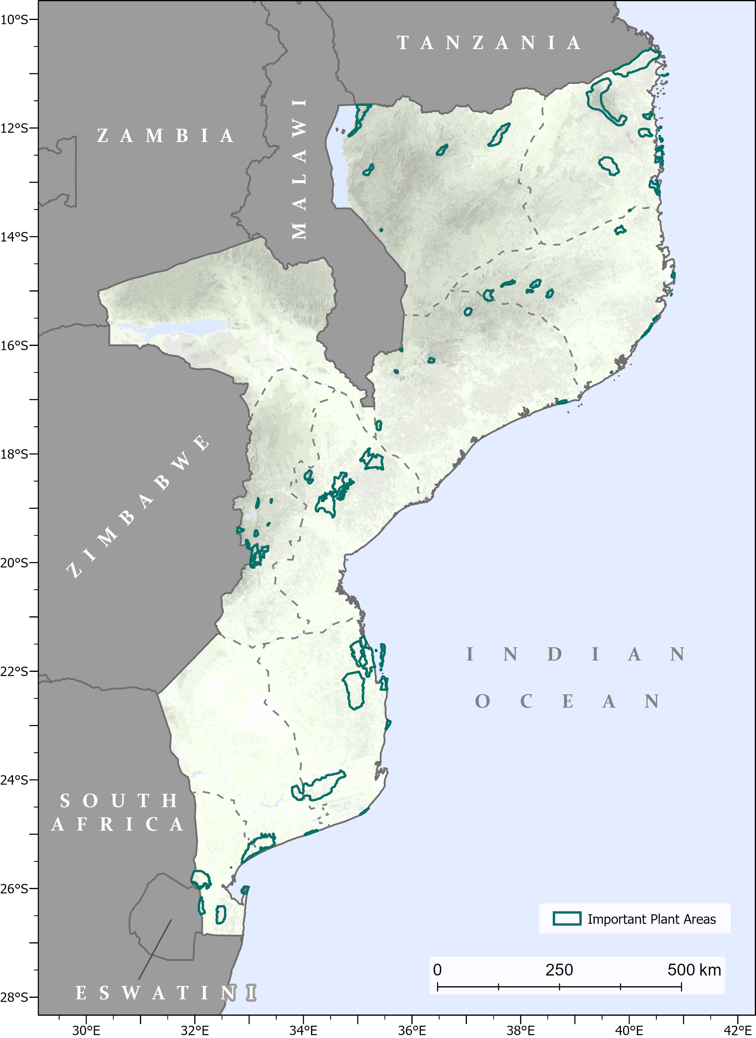 Map of Mozambique IPA network with green circles highlighting the areas