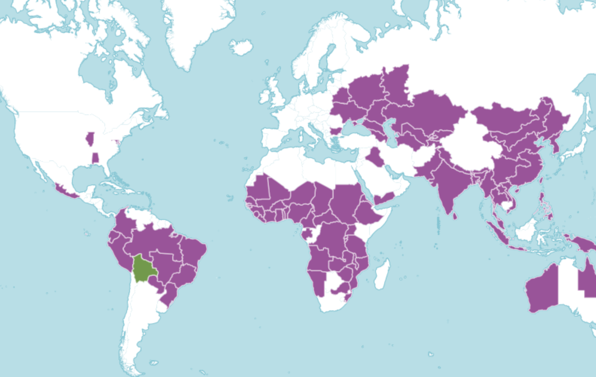 A map of the world showing where peanuts are native and introduced to