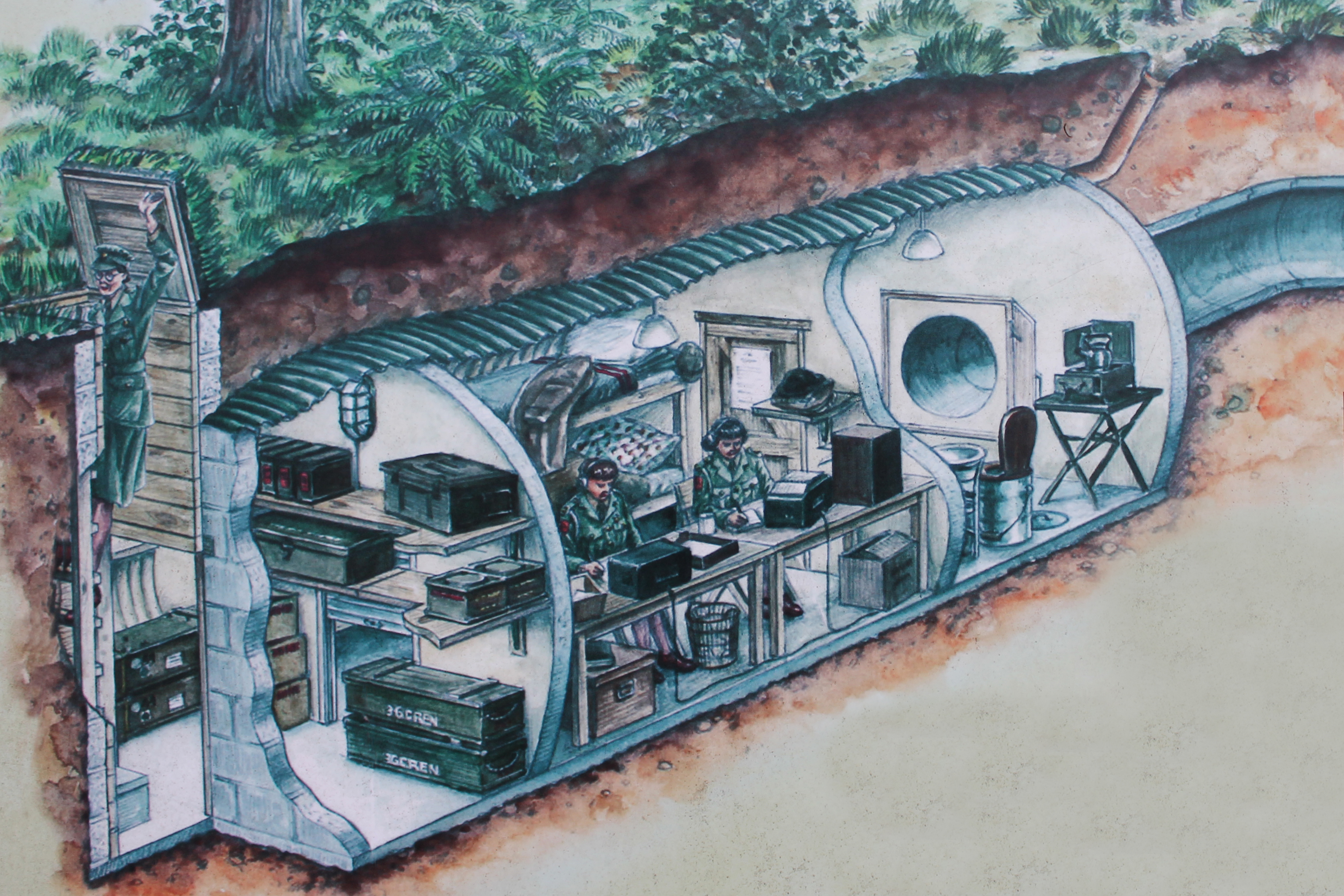 A drawing showing a cross-section of a wartime communications bunker © RBG Kew