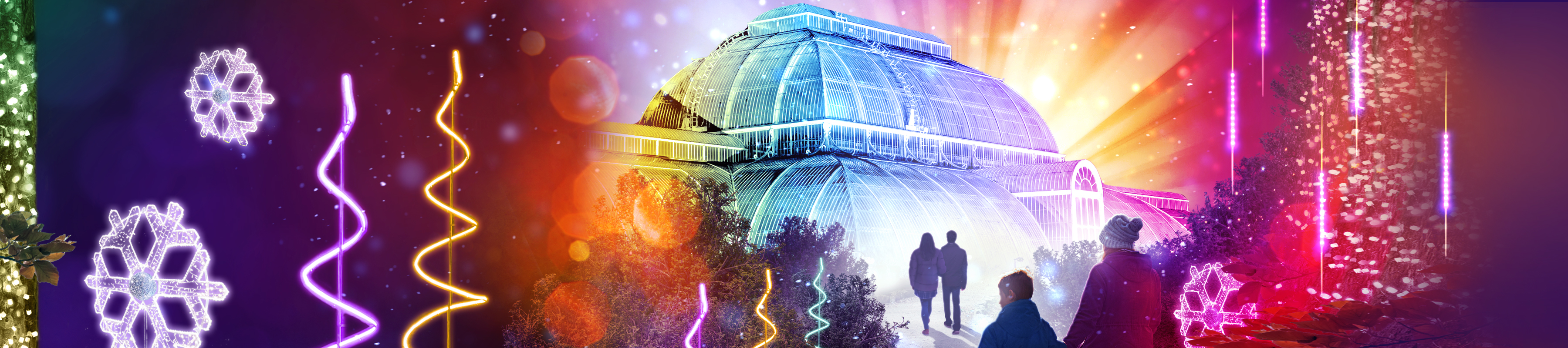 A colourful shot of the palm house at kew during winter christmas time