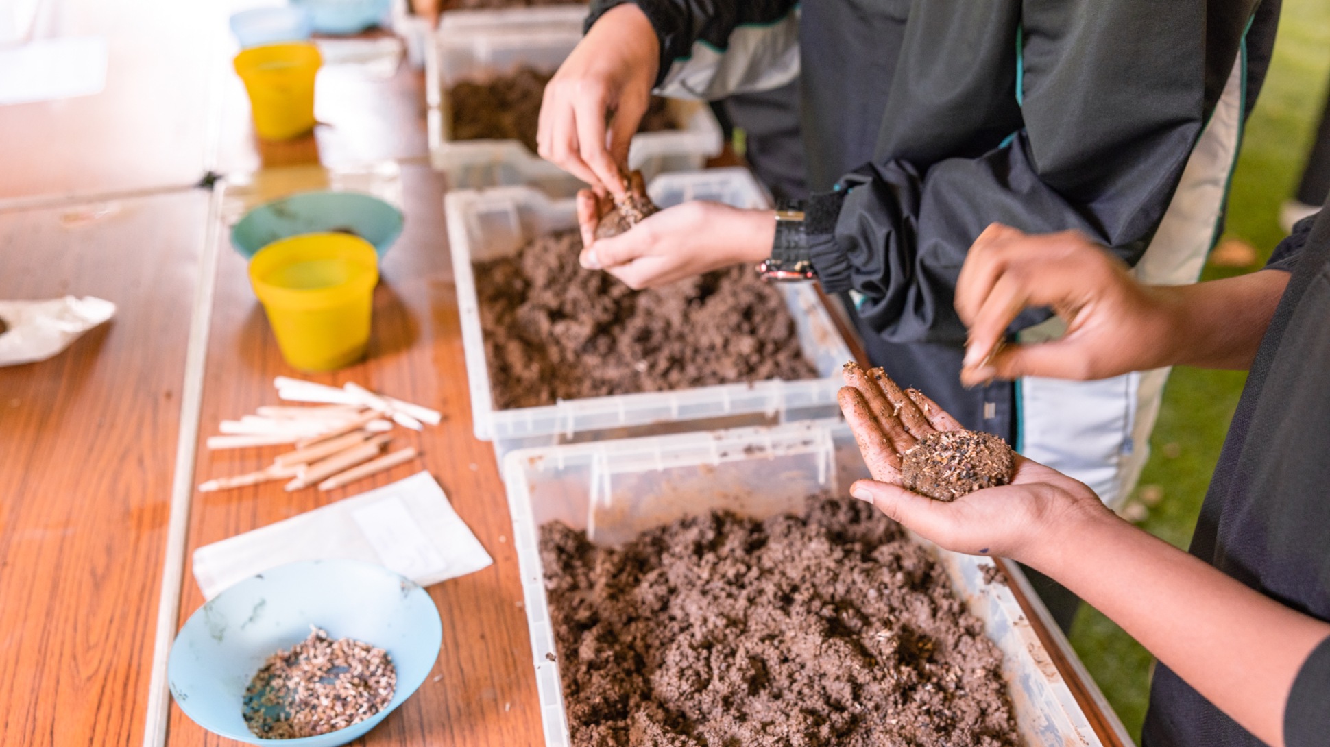 children create seed bombs using crates of soil