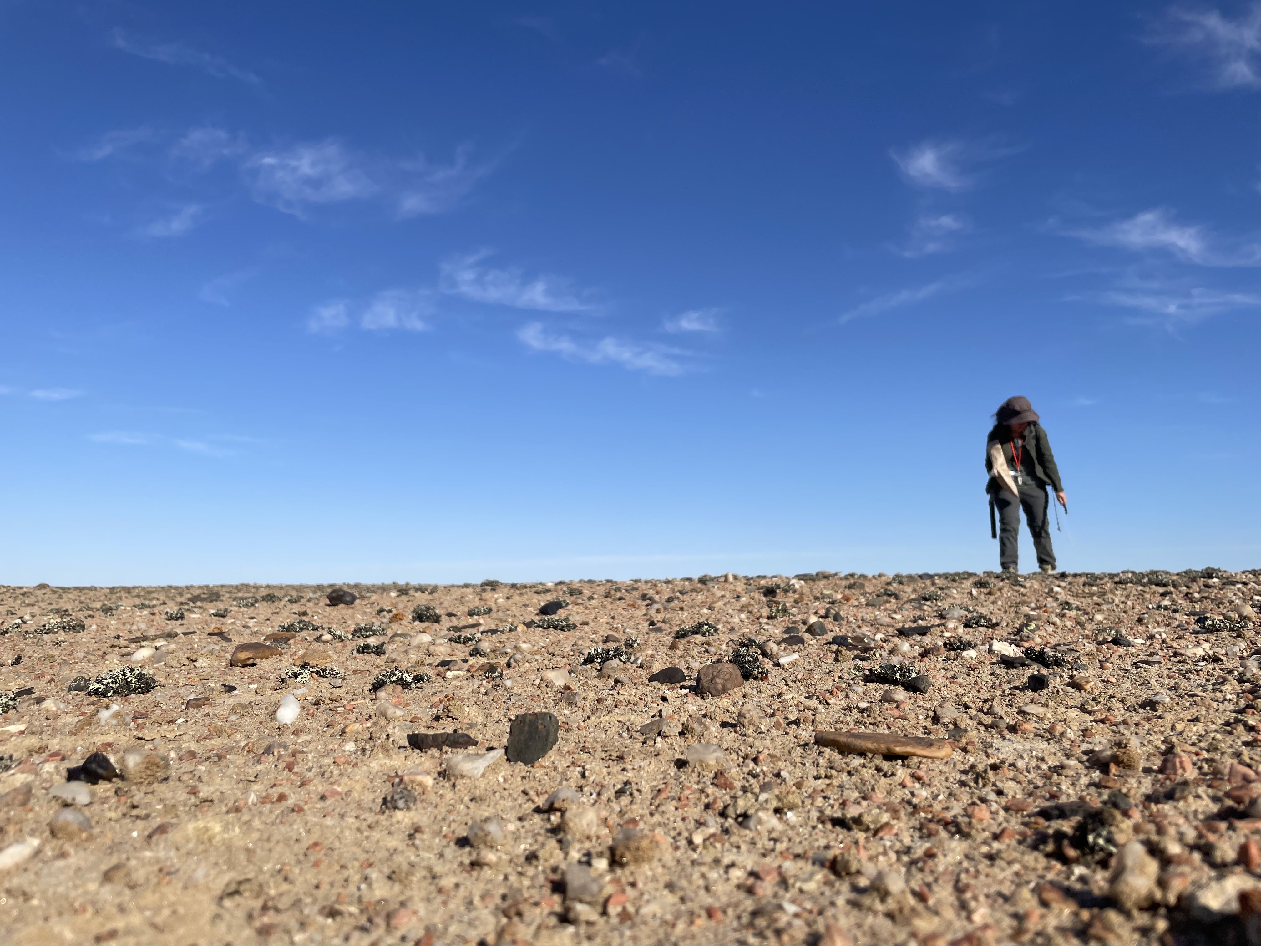 A woman stands under a clear blue sky in a flat world of rock and dirt.