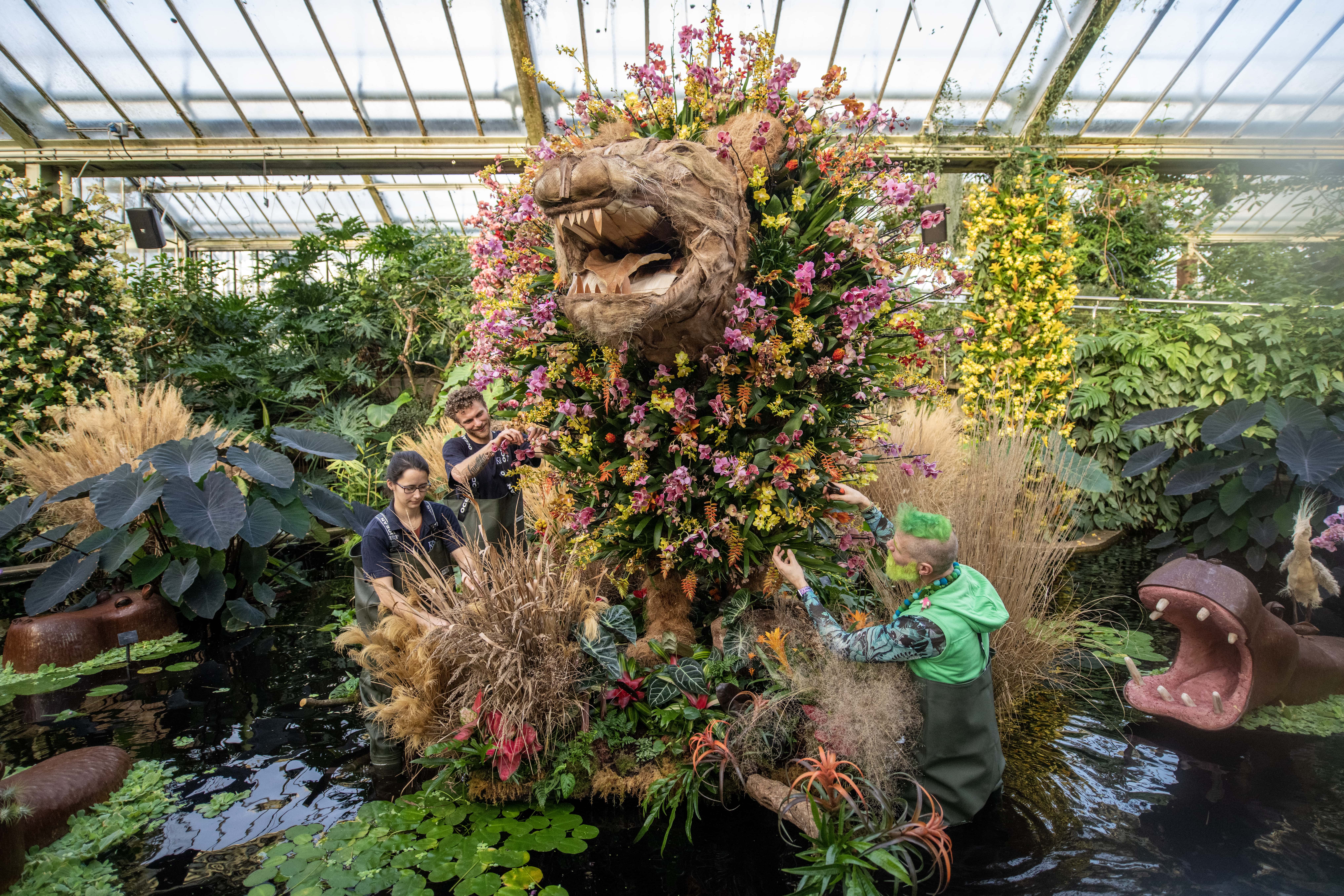Kew horticulturalists tending to a large plant display of a lion