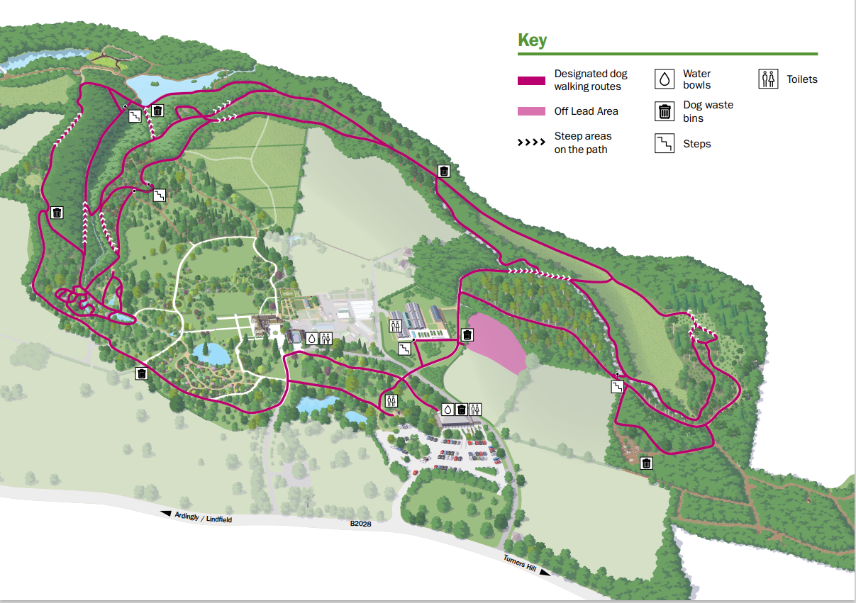 A map of wakehurst showing where dog walking is allowed