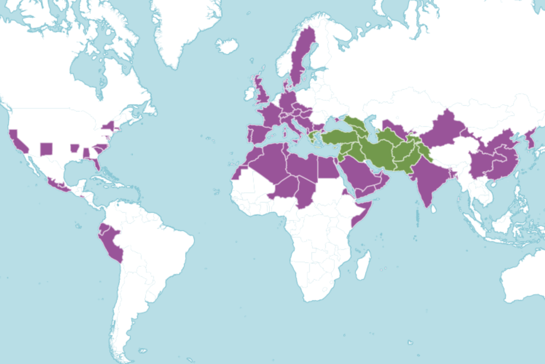 a map of the world showing where the edible fig is native and introduced to