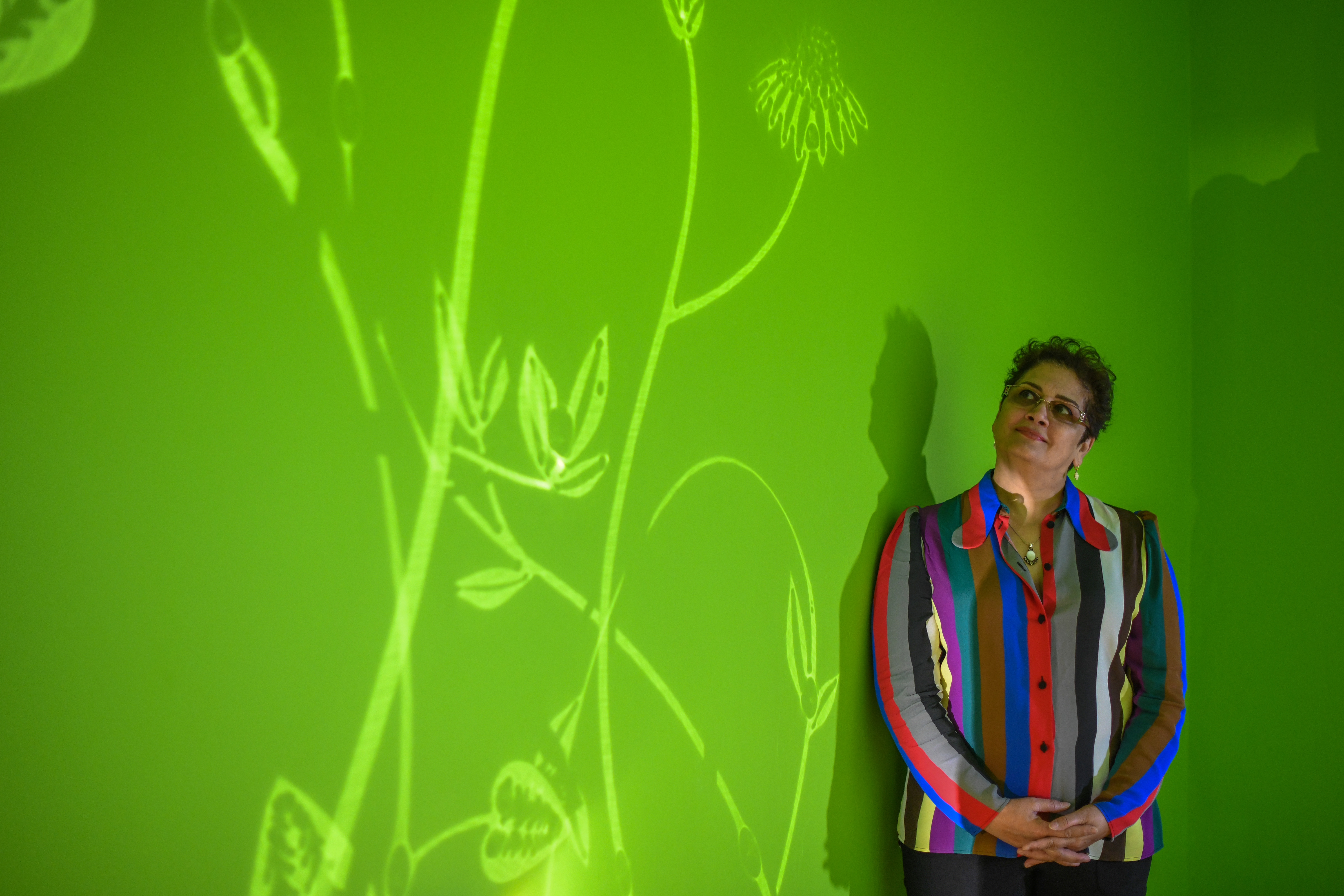 A woman with dark cropped hair and a striped blouse stands gazing at a shimmering reflection of plant and flower shapes on a bright green wallwall