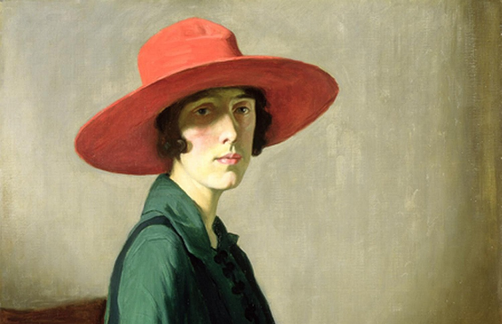 Painting of a woman with short brown hair wearing a red hat and dark green jacket. She has a long face and is looking steadily past the viewer