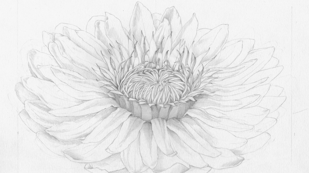Pen and ink drawing of a large waterlily flower with petals spread wide