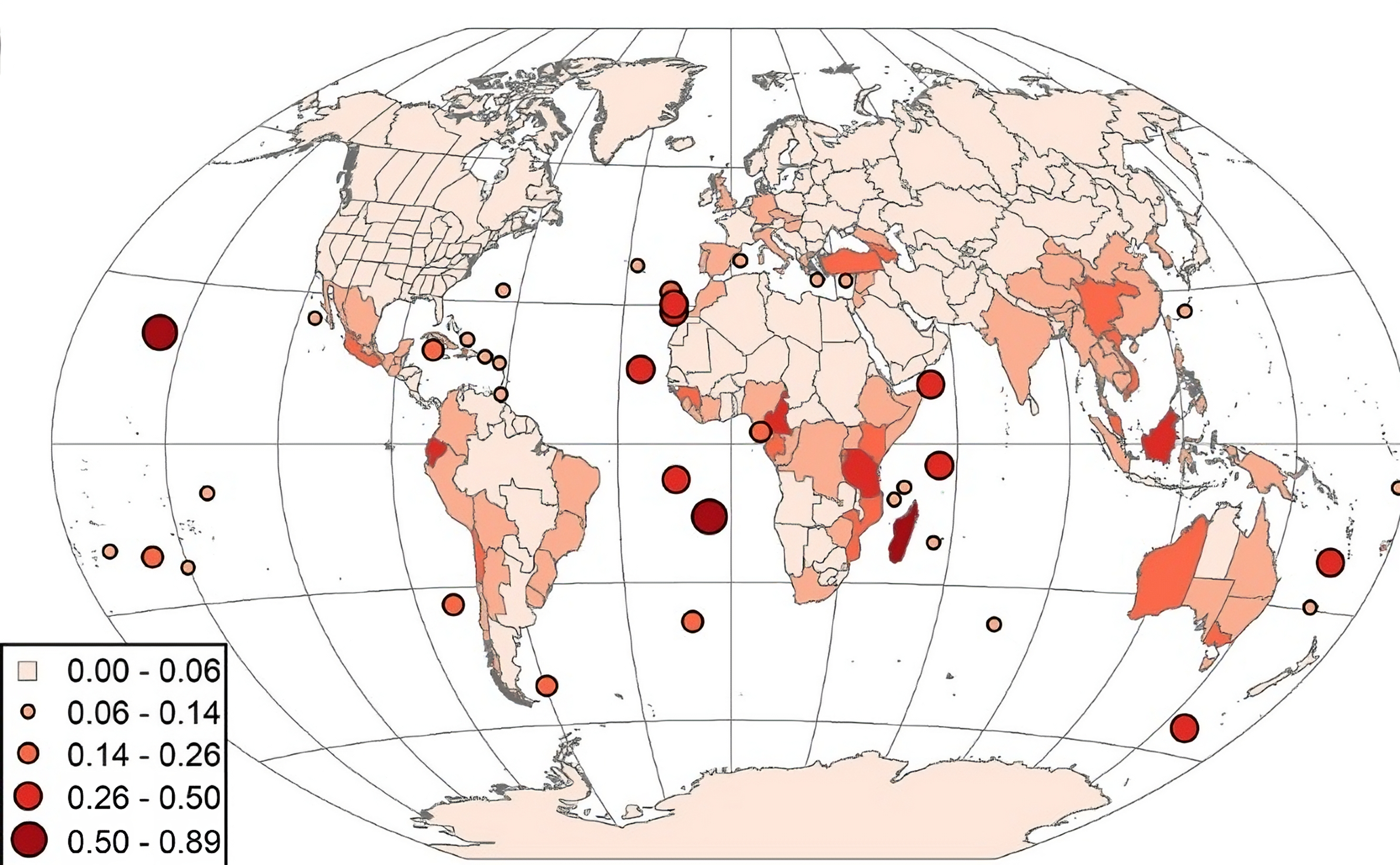 Diagram of globe with shades of red to indicate threatened plant species