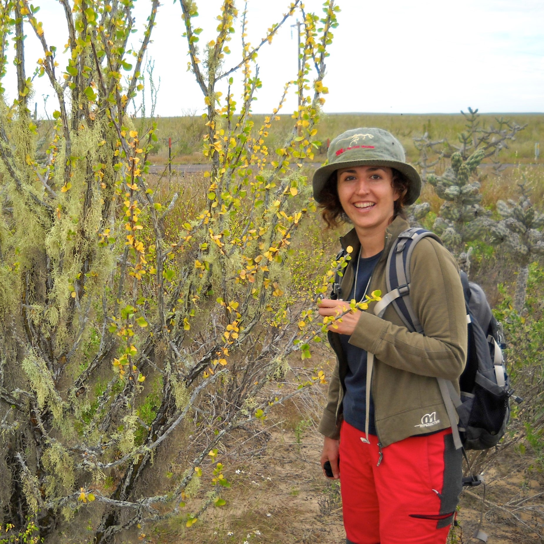 A researcher poses for a photo by a lichen covered plant among a grassy landscape