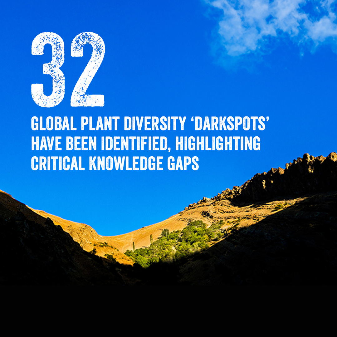 A hillside part exposed to the sun, part in shadow is overlaid with the text "32 global plant diversity darkspots have been identified, highlighting critical knowledge gaps