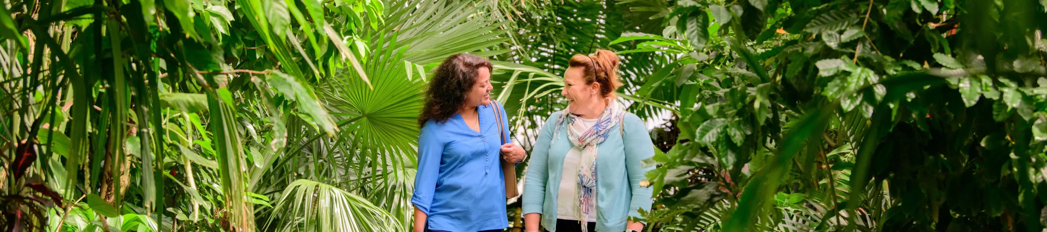 Two women chat to each other amongst the greenery of the Palm House