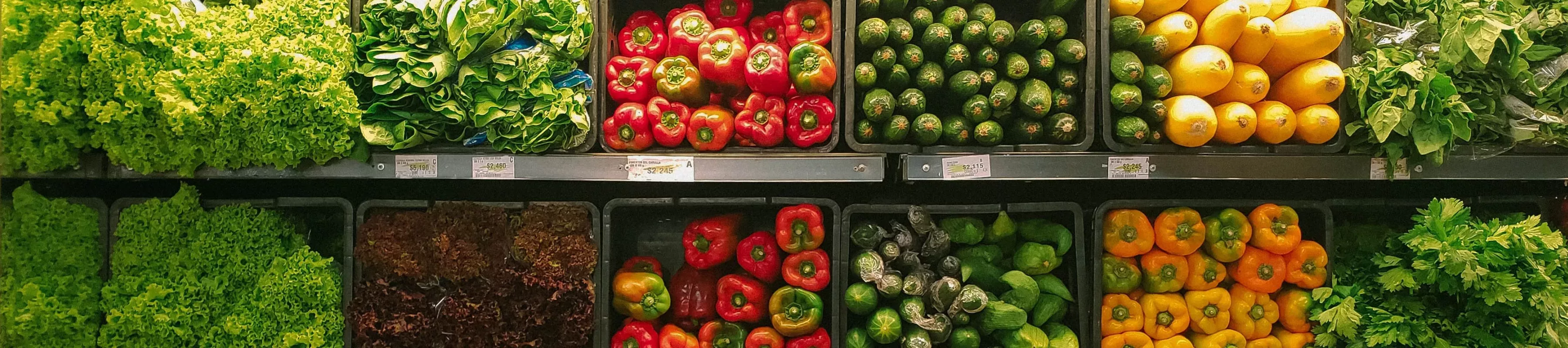 Rows of vegetables on supermarket shelves