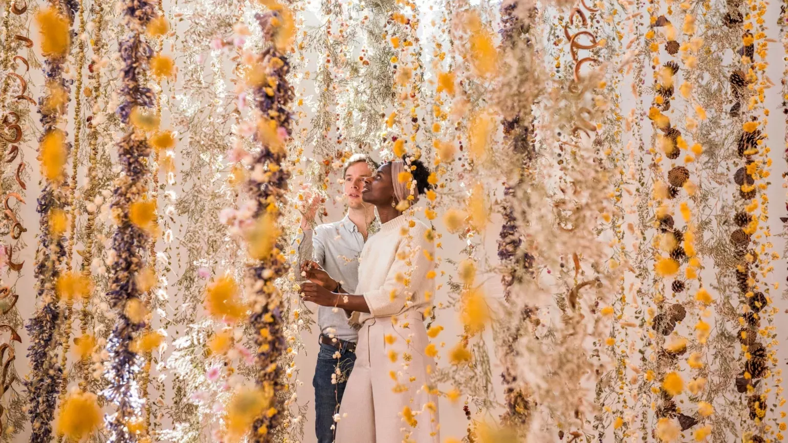 'Life in death,' a temporary installation of 1,000 flower garlands by Rebecca Louise Law at the Shirley Sherwood Gallery of Botanical Art 