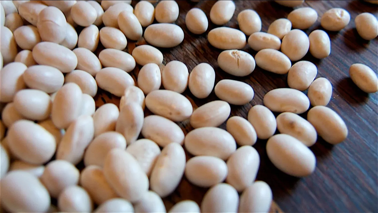A collection of smooth white beans on a wooden surface