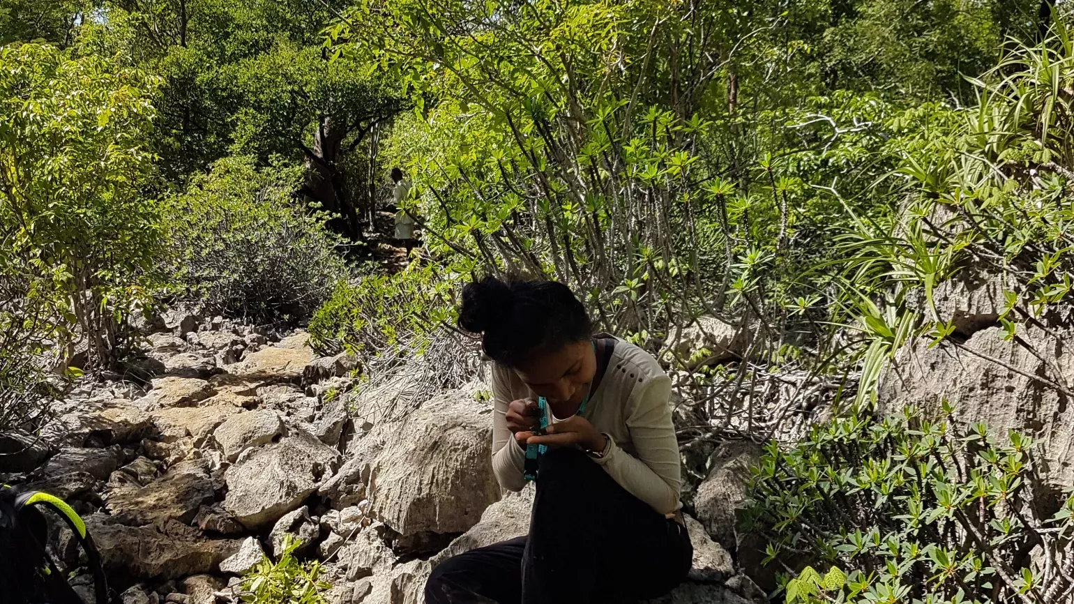 A woman crouches on a rock in a dry riverbed, examining something in her hand with a loupe. Lush vegetation surrounds her