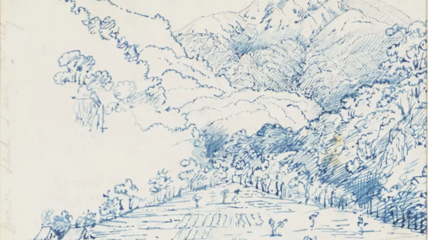 Pen and ink sketch of Lachen Lachoong valley, Sikkim, India, by Joseph Dalton Hooker