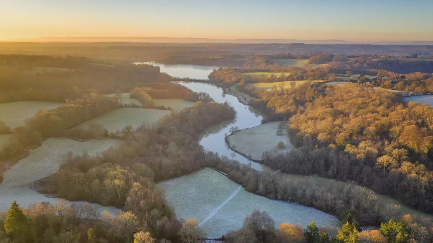 Drone view of Loder Valley in a frosty winter morning, Visual Air © RBG Kew