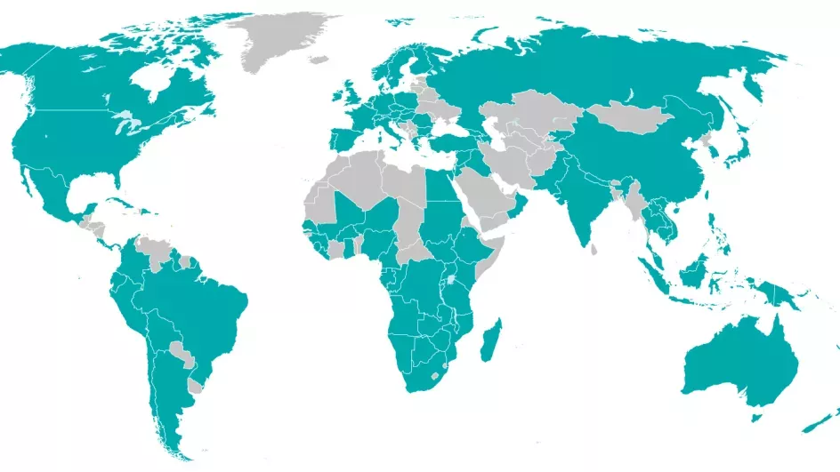 Map of the world with countries coloured in teal