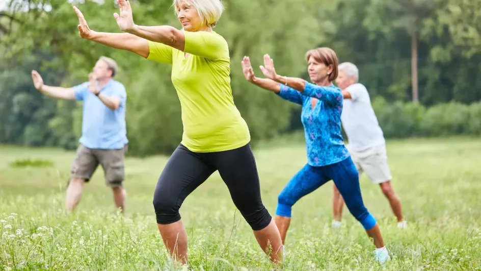 People in a field practicing Tai Chi
