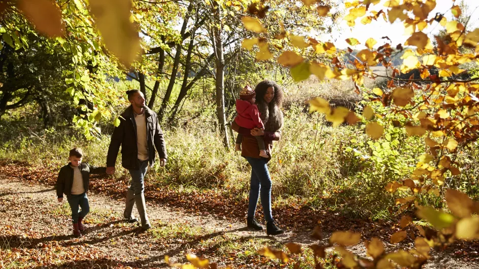 Family walking through an autumnal landscape