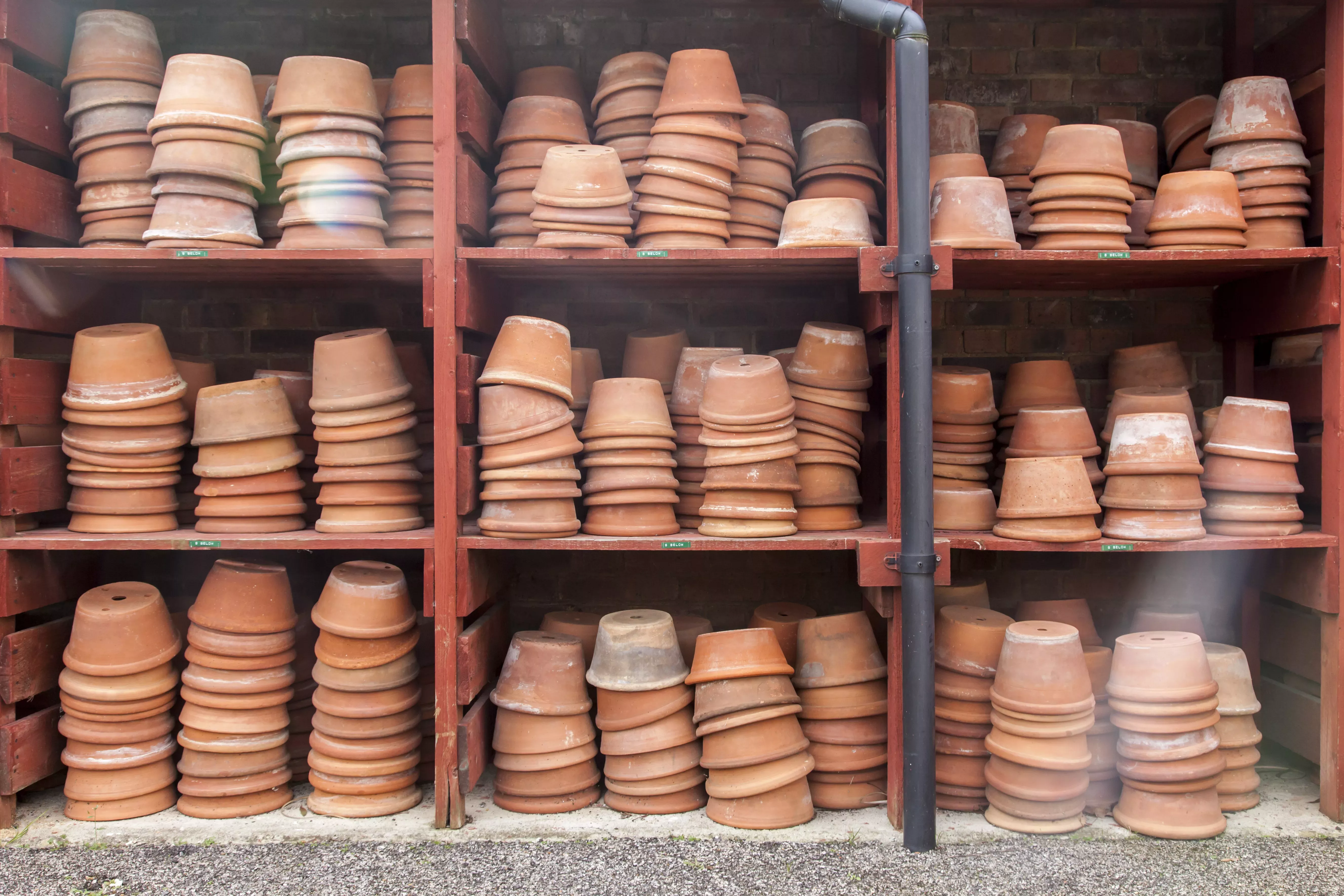 A large number of plant pots stacked on shelves