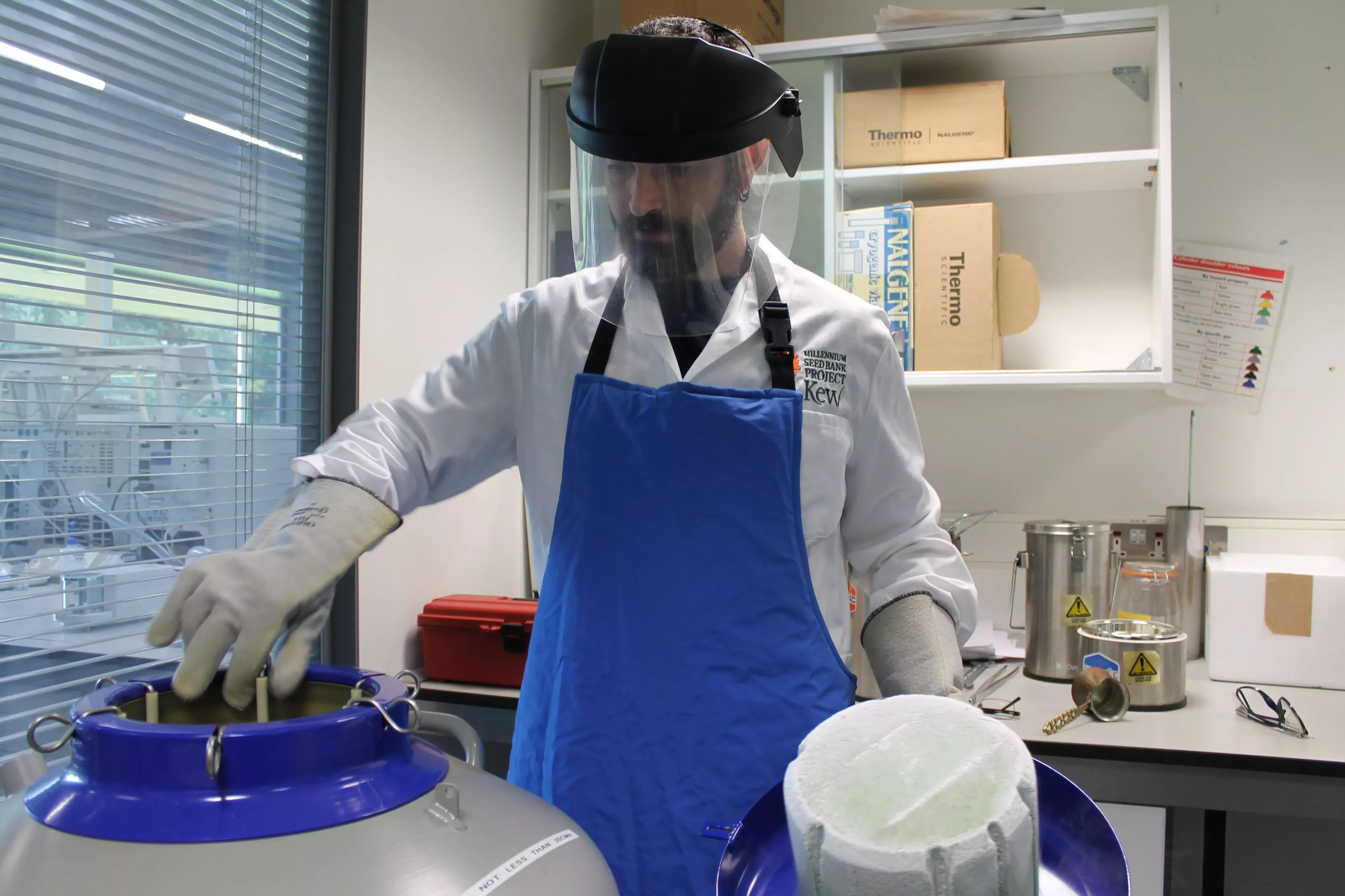 Scientist stores seeds in liquid nitrogen containers