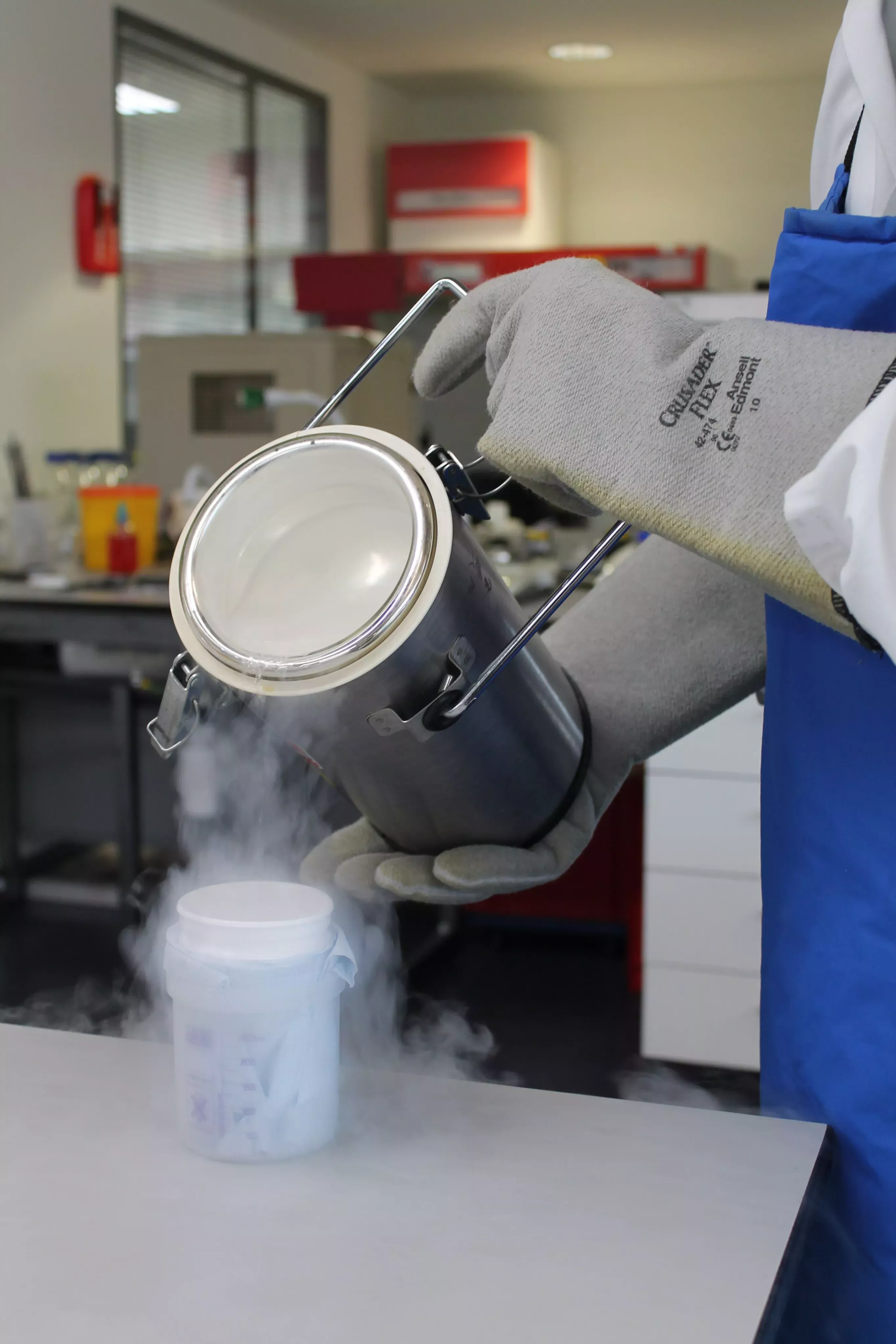 Liquid nitrogen is being poured directly onto seed embryos