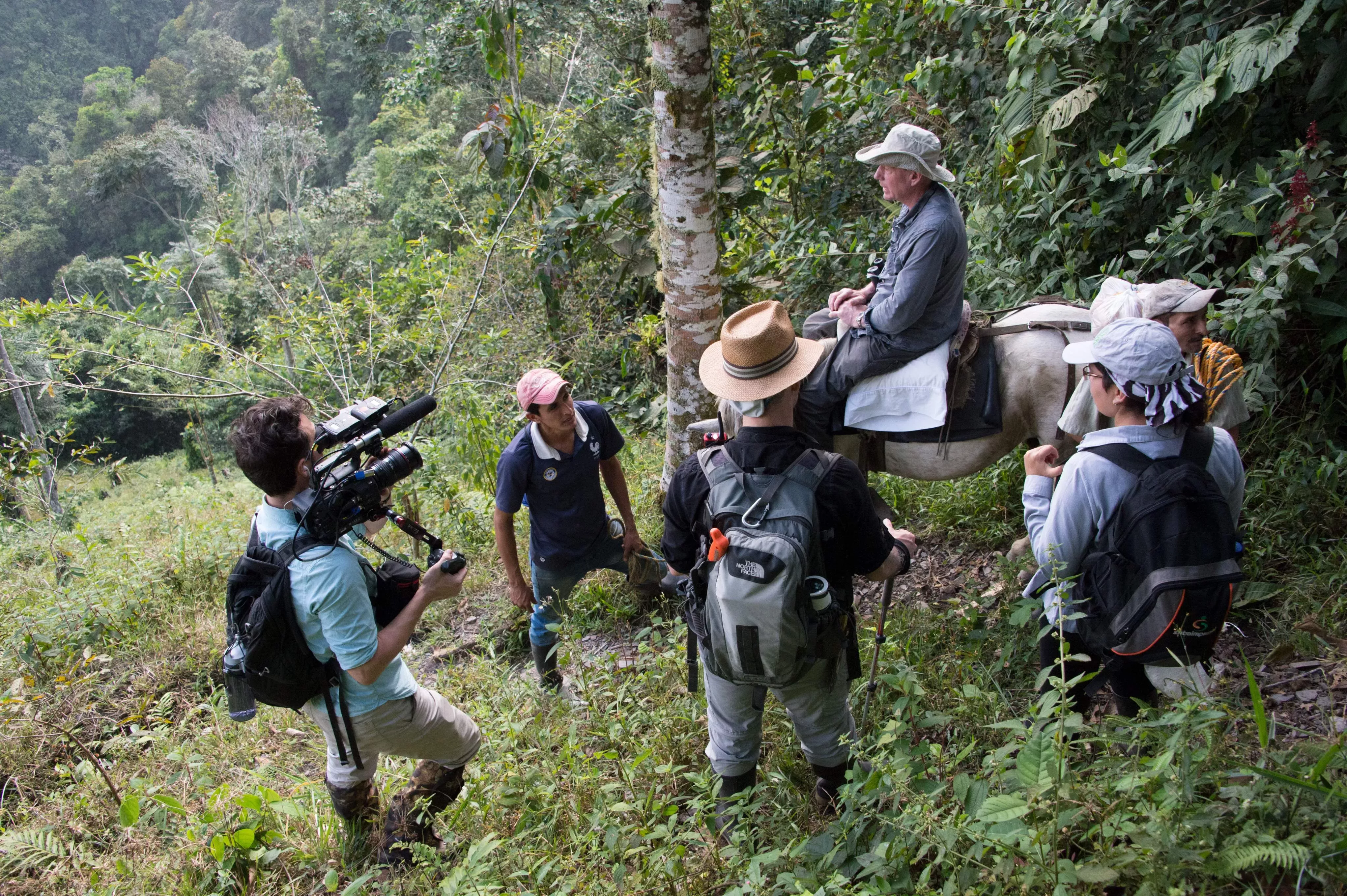 Frank Gardner on horseback talking to a camera crew in the rainforest
