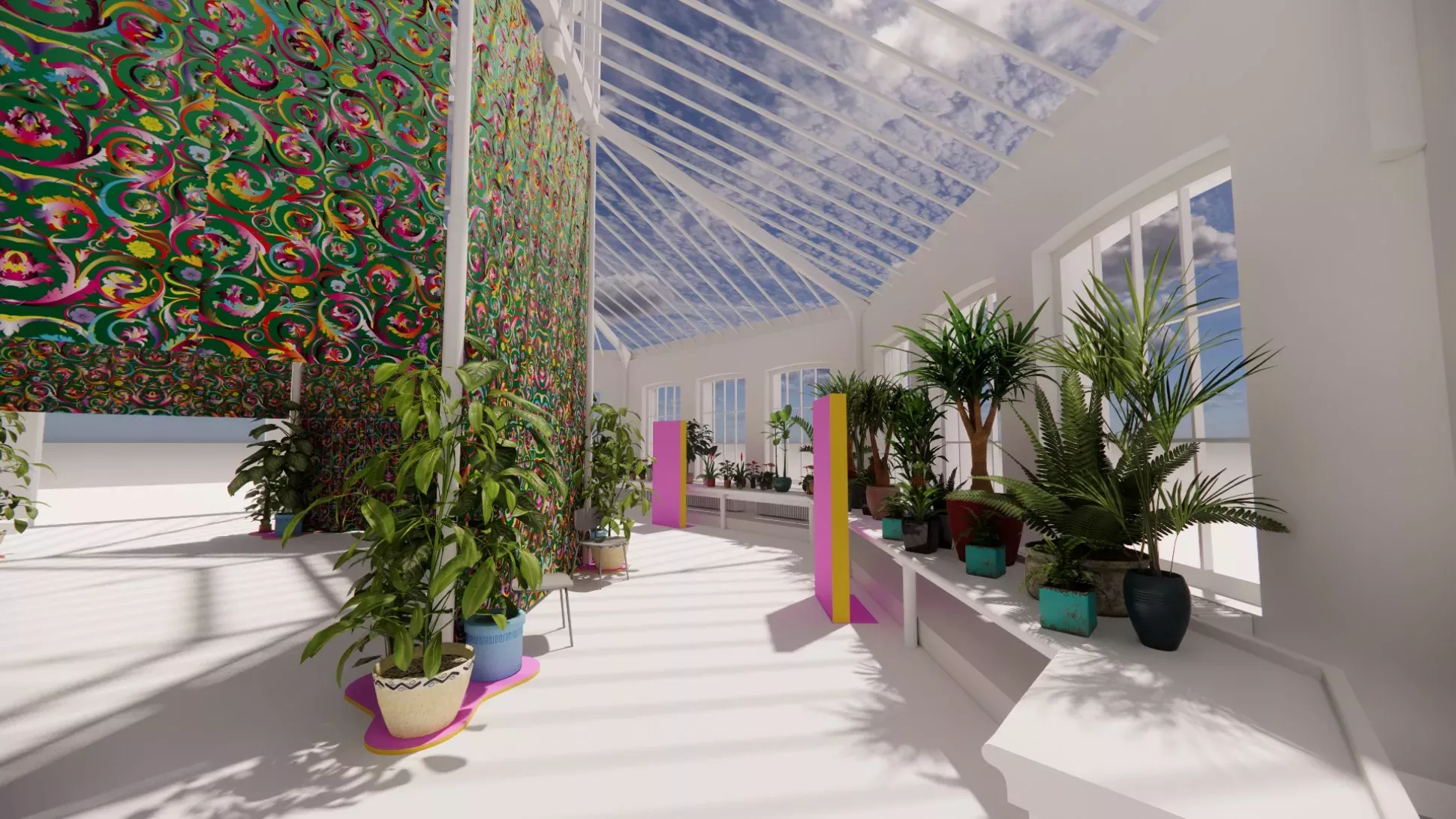 A computer render of a colourful installation in a glasshouse