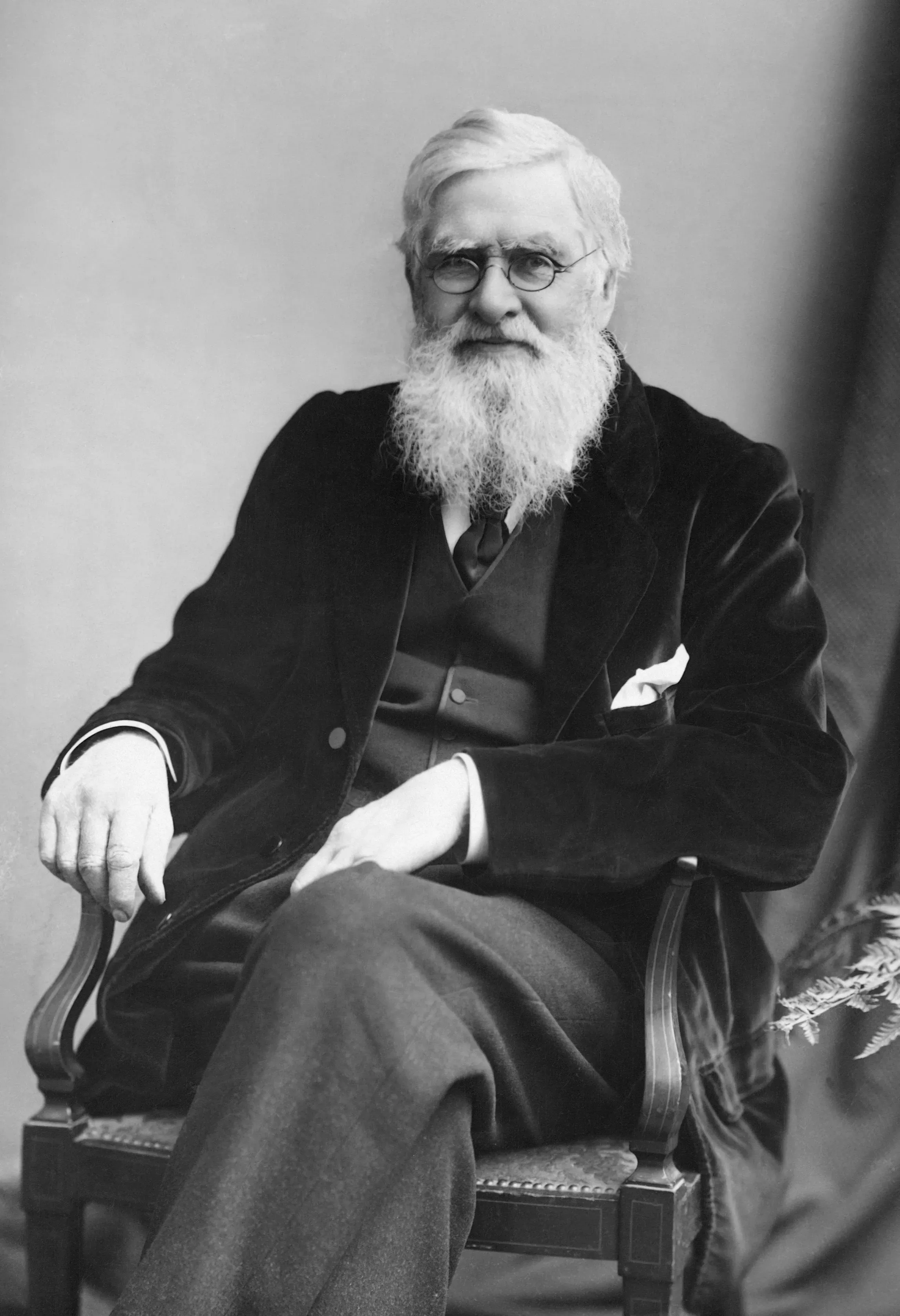 Black and white photo of Alfred Russel Wallace pictured in London in 1896